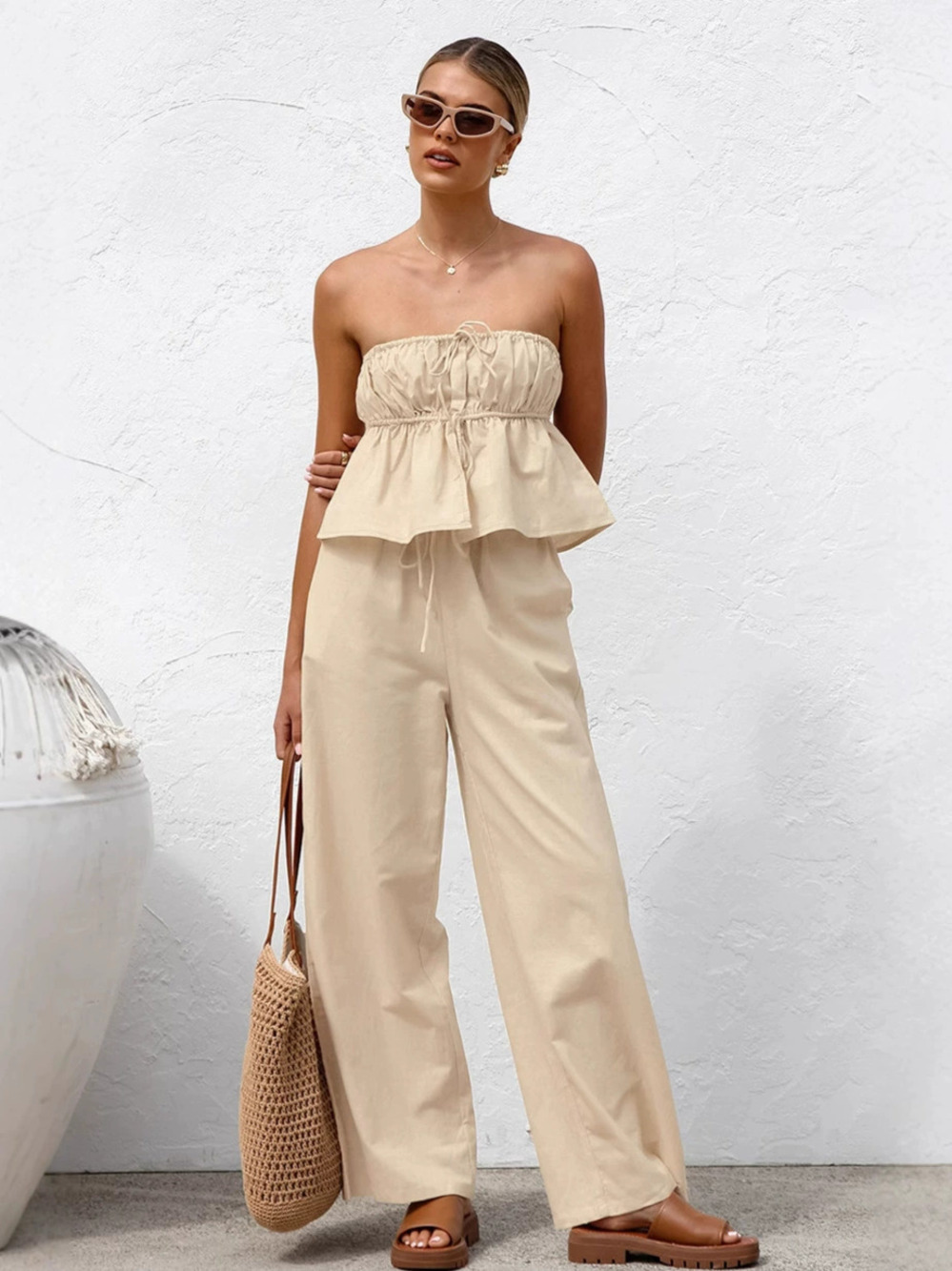 Forever 21 Linen Cotton Tube Top Pants Set Summer Khaki